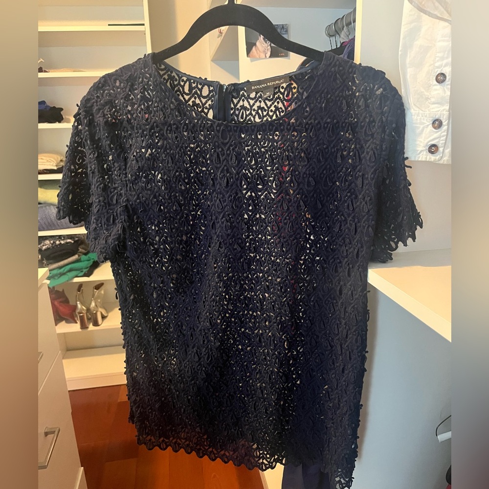 Banana Republic Navy Cropped Short Sleeve Blouse